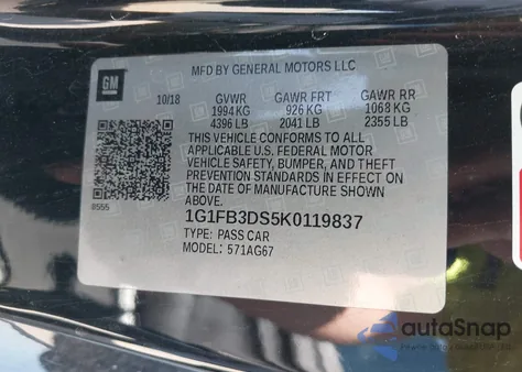 2019 Chevrolet Camaro 1Lt z USA, uszkodzony, nr VIN 1G1FB3DS5K0119837